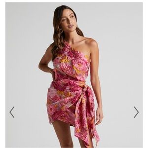 Showpo Brailey One Shoulder Wrap Front Mini Dress Pink Jacquard Floral NWT